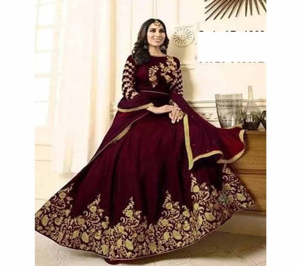 আনস্টিচড ব্লক প্রিন্টেড কটন থ্রি-পিস-Copy-Brown